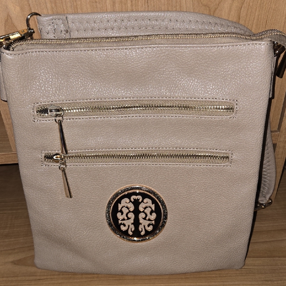 Stylish Taupe Crossbody Bag with Gold Details